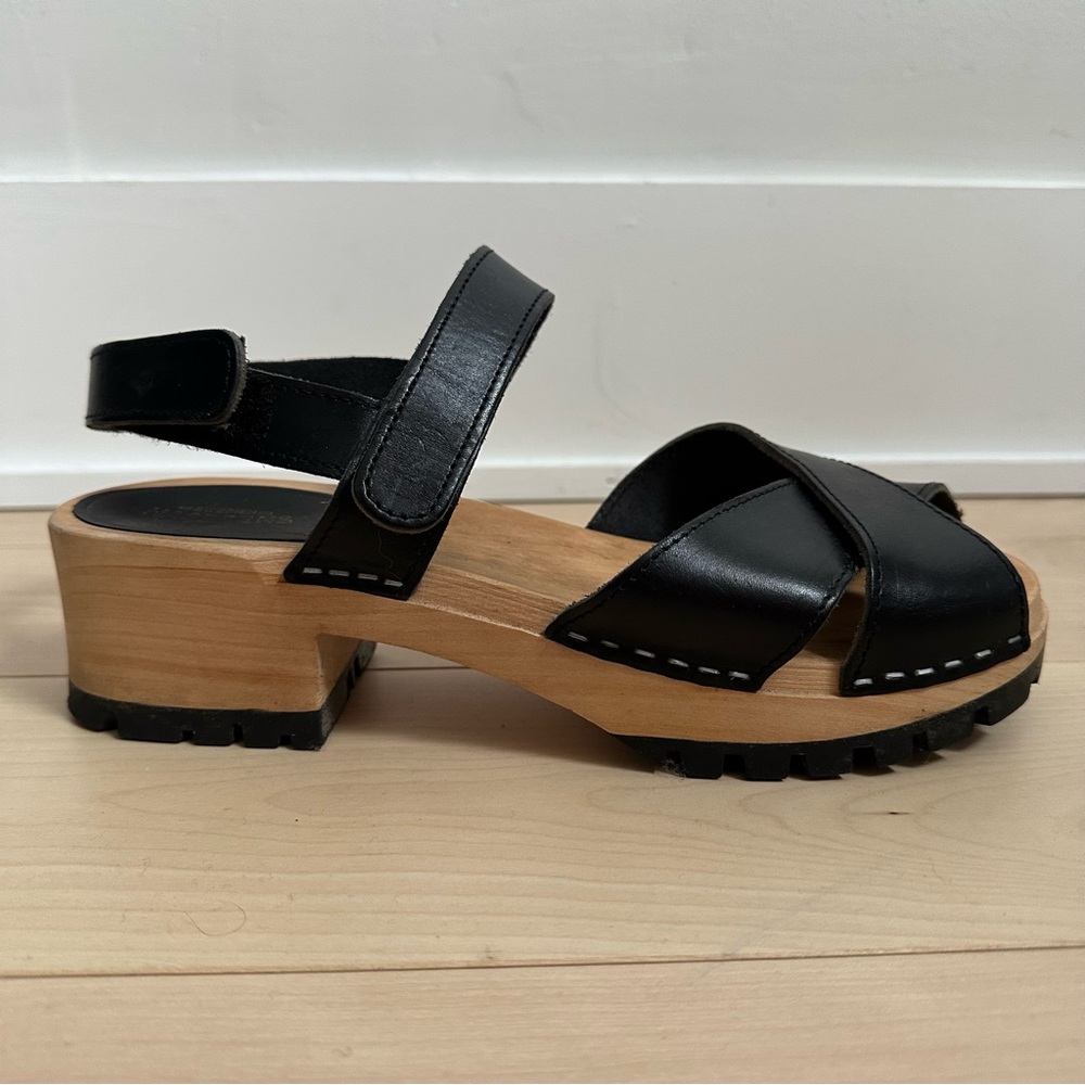 Swedish Hasbeens Leather Platform Sandals Wood Clog Heel Adjustable Velcro - Picture 5 of 12